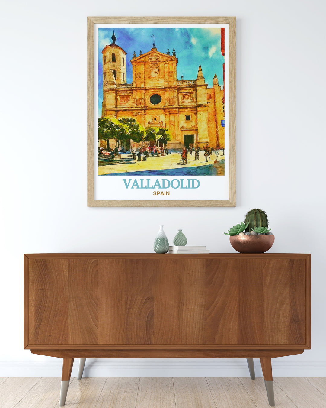 Capture the stunning beauty of the Cathedral of Valladolid with this Spain travel poster. The intricate details of this historic landmark are brought to life, offering a timeless piece of art that complements any room. Perfect as a travel gift or home décor item for Spanish culture lovers.