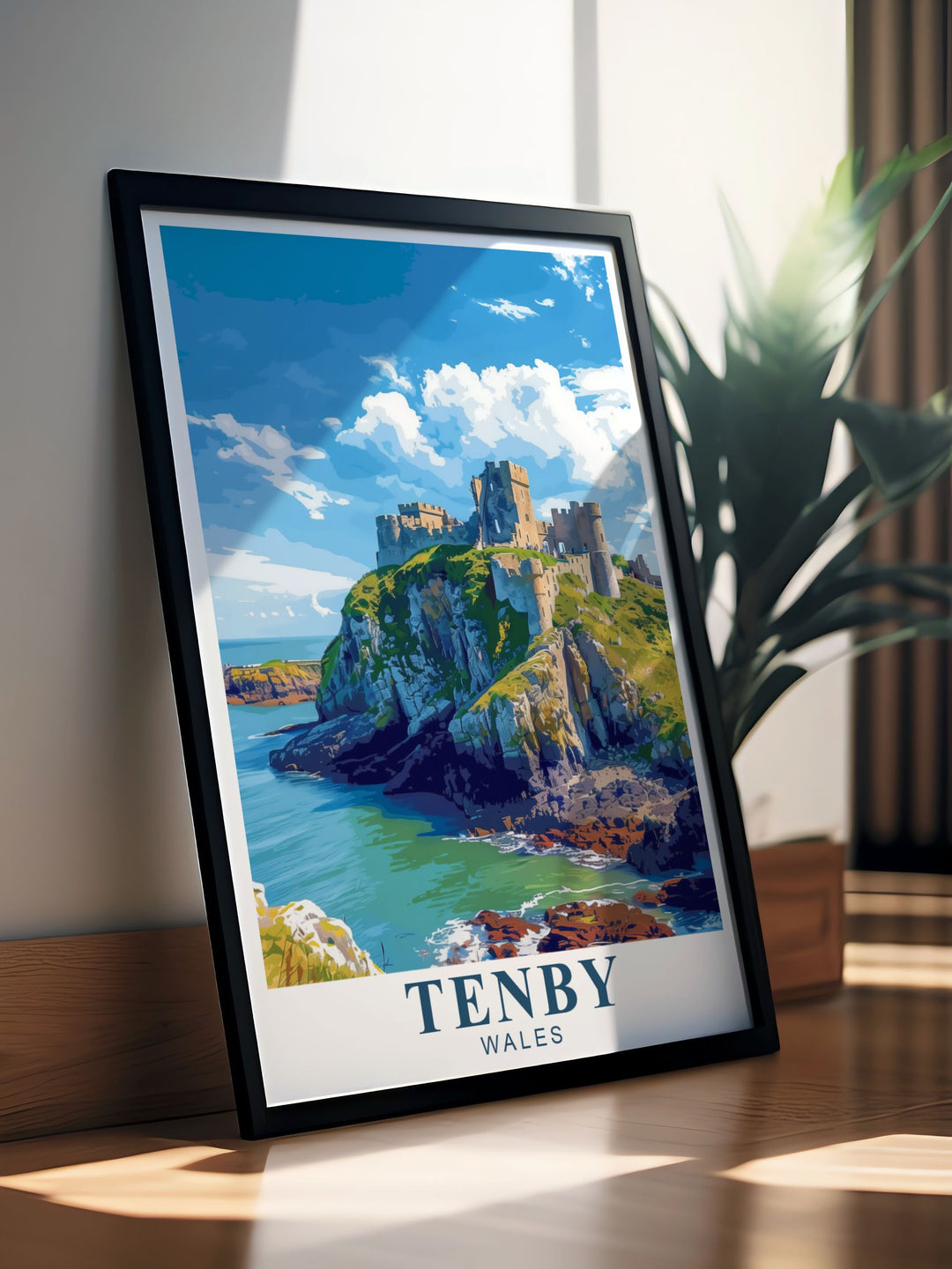 Vintage travel print of Tenby Castle and St. Catherines Island along the Pembrokeshire Coast in Wales. This retro Tenby Poster Print brings a touch of classic seaside charm to any living space with its bold colors and elegant design.