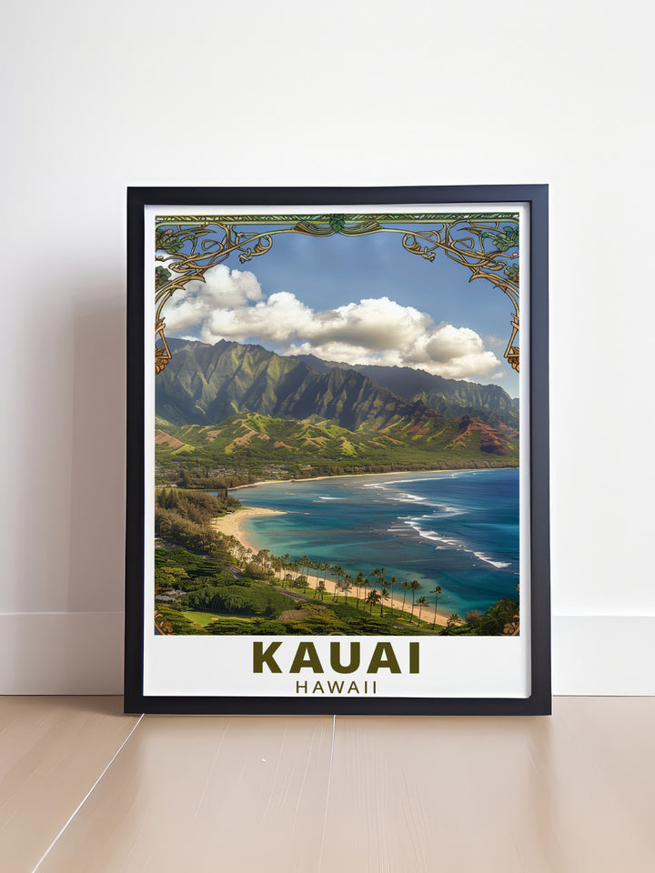 This Kauai poster print captures the breathtaking beauty of Hanalei Bay, bringing the peaceful vibe of Hawaii into your home. The high quality art print features a vibrant color palette, showcasing the iconic landscapes of Kauai, perfect for adding a tropical touch to your living space. Ideal for gifts and décor.