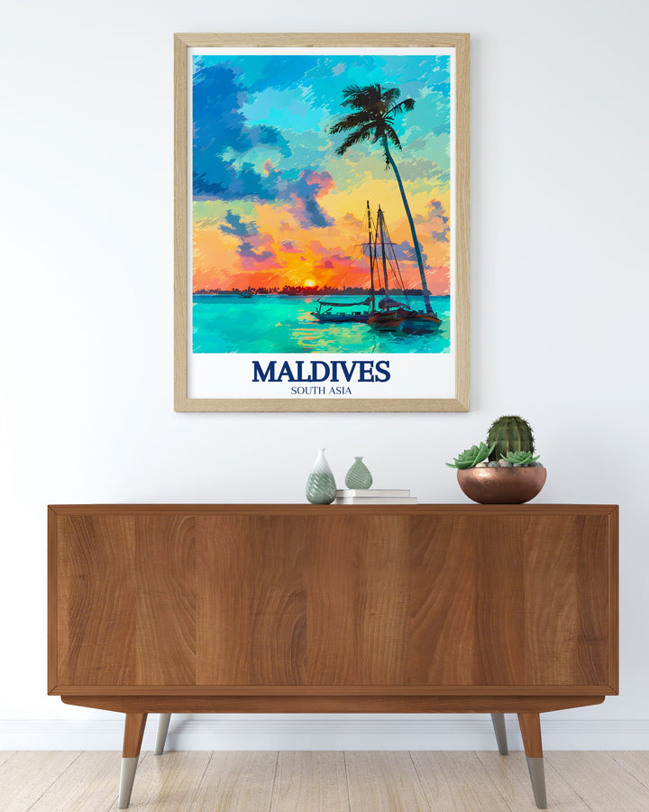 Indian Ocean Vintage Poster inspired by classic travel posters, featuring Velassaru Islands pristine shores and the traditional Dhoni boats of the Maldives. This vintage style artwork is perfect for adding a nostalgic and tropical touch to your collection.