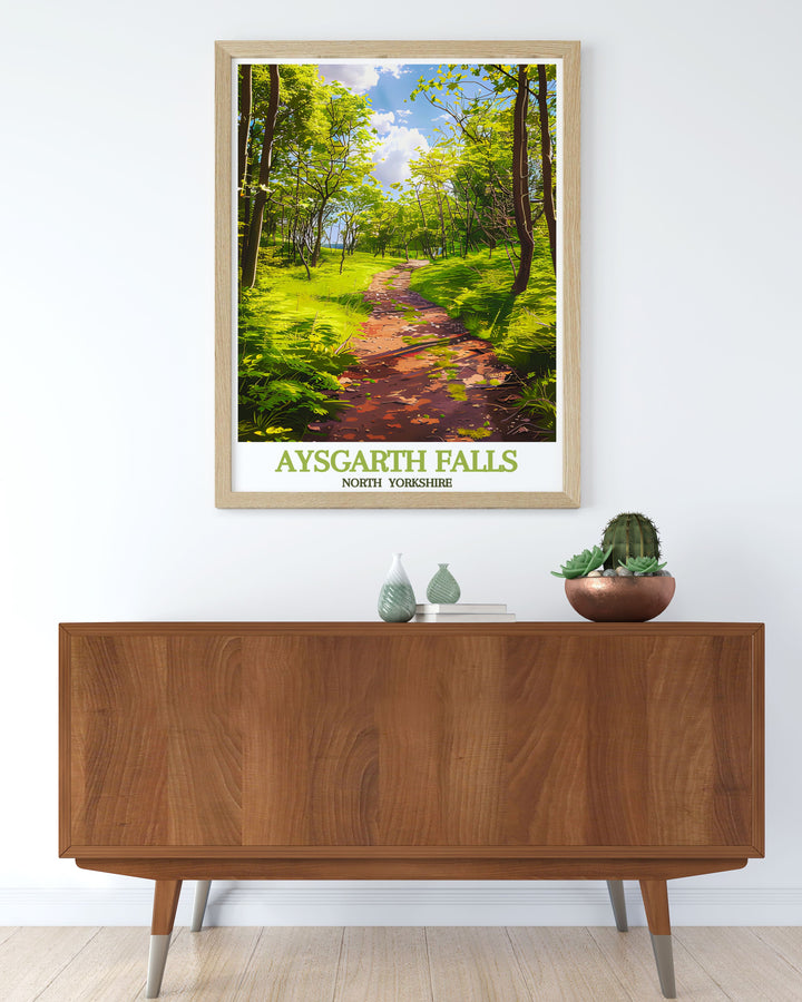Retro travel poster showcasing woodland trails in North Yorkshire ideal for adding a touch of nature to your home decor this print highlights the peaceful paths of the Yorkshire Dales National Park.