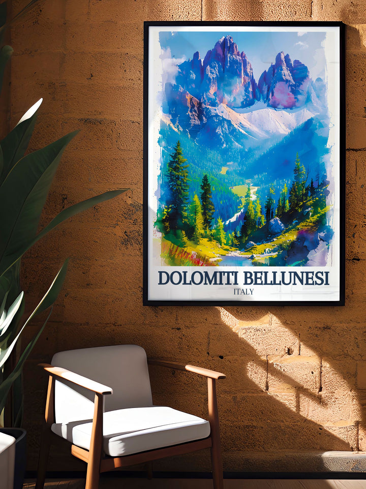 Dolomite range vintage print evoking the golden age of travel with its detailed artistry and classic aesthetic making it a standout piece in your home decor.