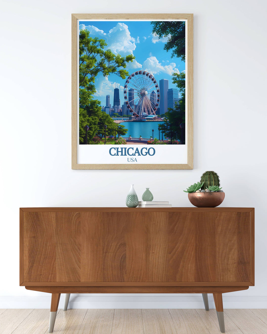 Navy Pier poster showcasing the iconic Ferris wheel and waterfront of Chicagos favorite destination. A beautiful addition to any home decor collection or a unique gift for birthdays anniversaries or holidays like Christmas and Fathers Day.