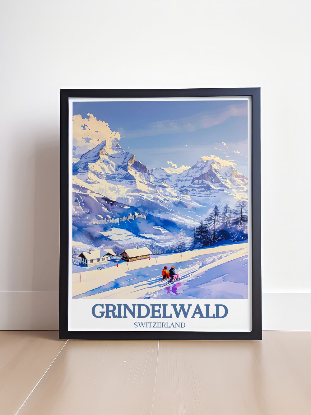 This Retro Skiing Print captures the thrill of the slopes in Grindelwald and the beauty of the Eiger and Jungfrau peaks. A perfect gift for anyone who loves skiing and the Swiss Alps.