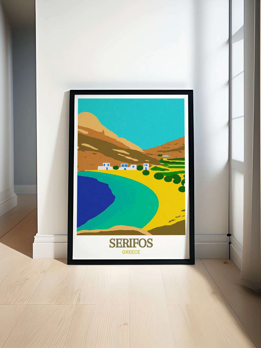 Psili Ammos Beach, known for its fine sand and tranquil waters, is beautifully showcased in this Serifos print. Ideal for those who love the peaceful ambiance of Greeces less crowded beaches, this artwork adds a sense of calm to any space.