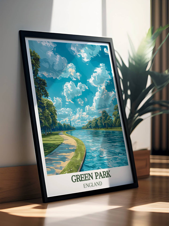 Vintage travel print of the Princess of Wales Memorial Walk in Green Park London, ideal for adding a touch of historical elegance and natural beauty to your home decor, making a perfect London art gift.
