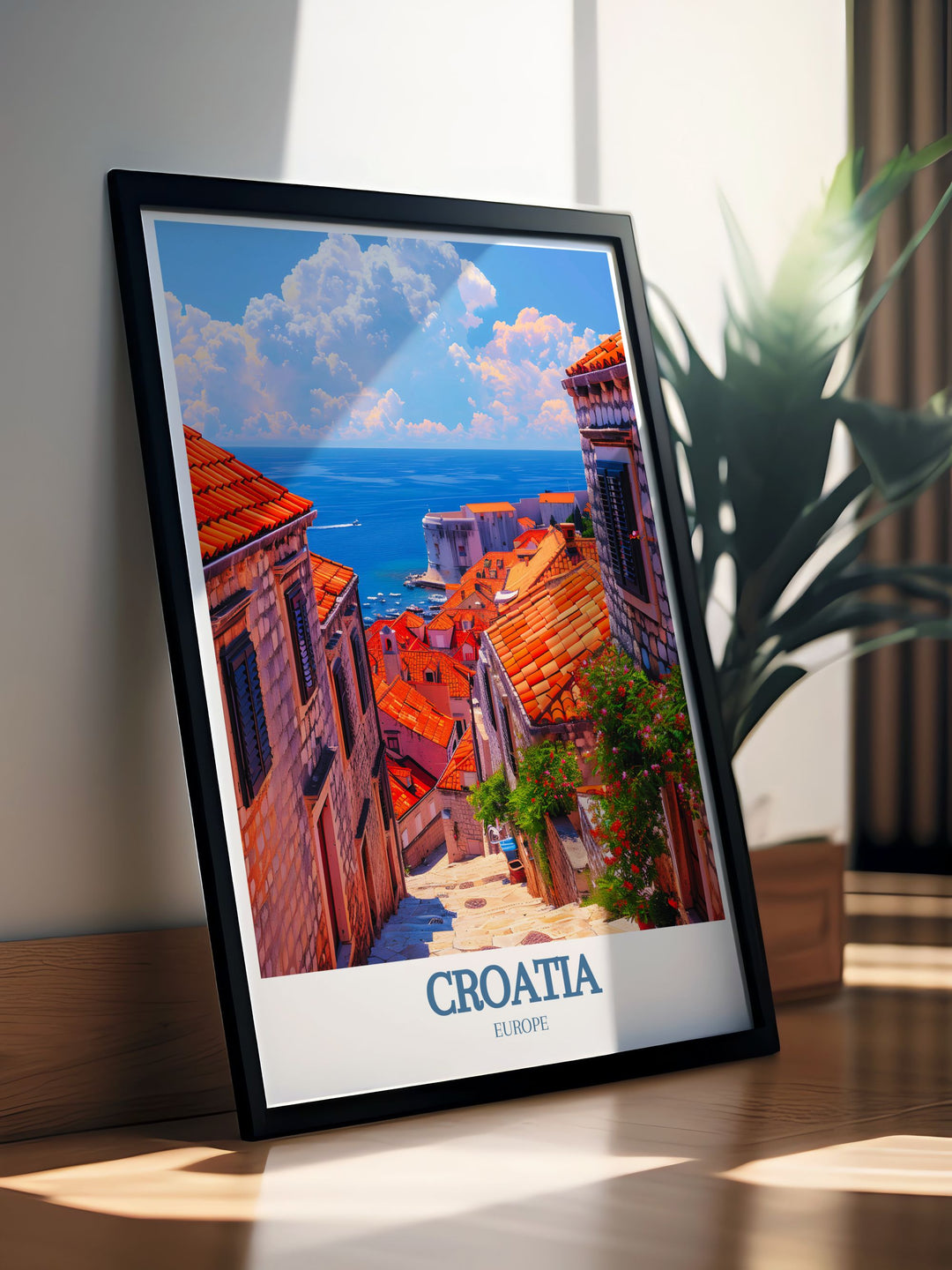 The combination of historic beauty in Split and the serene charm of the Adriatic Sea is beautifully captured in this vintage travel poster, making it a stunning addition to any wall art collection celebrating Mediterranean destinations.