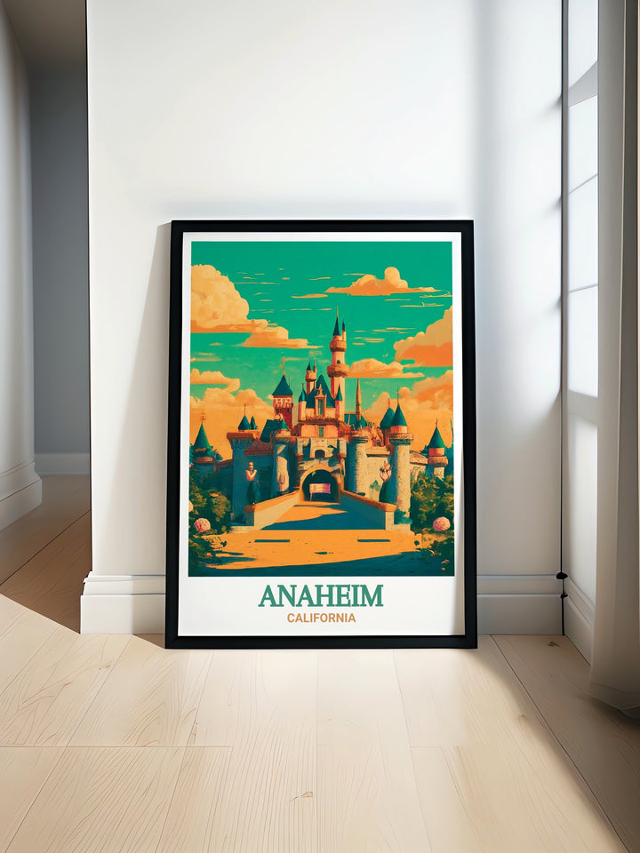 Disneyland Resort travel poster featuring Anaheims whimsical scenery and dynamic park life. This print is perfect for art lovers who appreciate the beauty of theme parks.