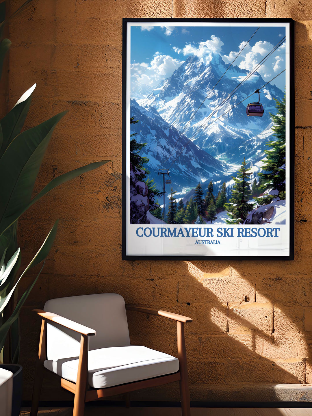The combination of adventure in Courmayeur and the scenic beauty of Mont Blanc is beautifully captured in this vintage ski poster, making it a stunning addition to any wall art collection celebrating Italian skiing.