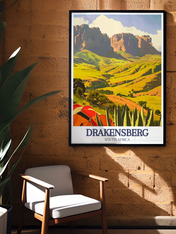 Bring the beauty of South Africas Royal Natal National Park into your home with this stunning canvas art. Featuring the famous Amphitheatre and surrounding mountains, this artwork is perfect for adding a touch of nature and serenity to your living space.