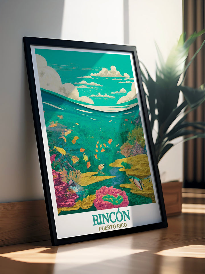 A travel print of Californias Rincon Beach, showcasing Tres Palmas Marine Reserve. This art piece highlights the natural beauty and marine biodiversity of the region, making it a perfect gift or décor item for anyone passionate about nature and coastal landscapes.