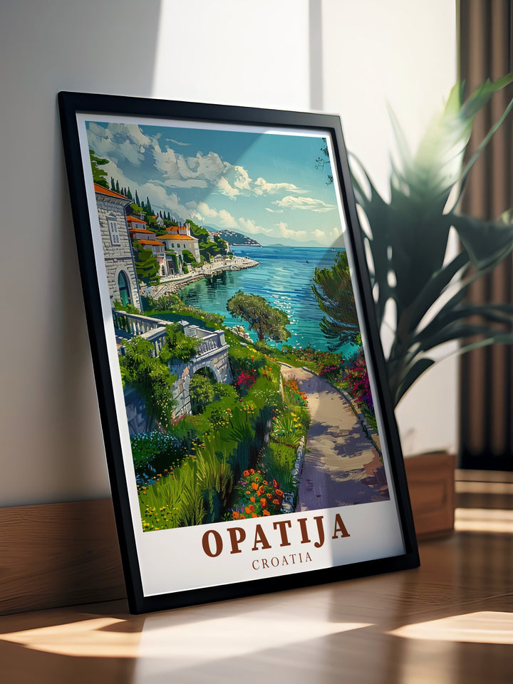 This Opatija Seaside Parks framed print showcases the timeless beauty of Croatias seaside town making it a perfect wall decor piece that adds sophistication and a touch of European charm to any room