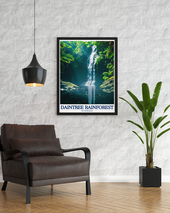 Daintree Rainforest Travel Print captures the serene beauty of the rainforest, with Spring Creek Falls and Mowbray Valley completing the natural scene. This wall art is ideal for anyone who loves the outdoors and makes a thoughtful travel gift.