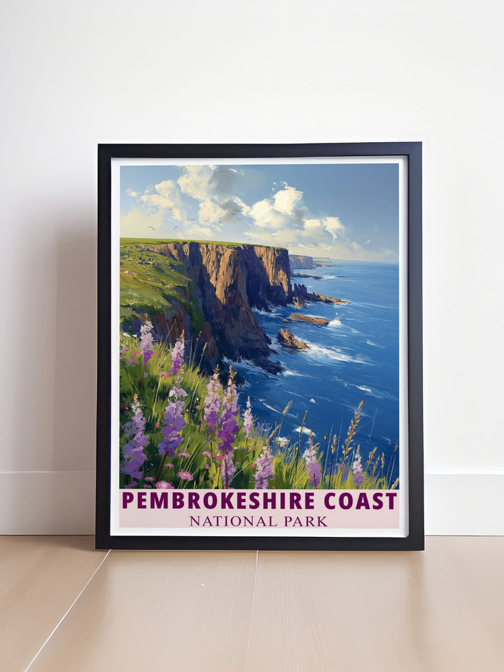 Coastal cliffs gifts featuring the stunning Pembrokeshire Coast in Wales with retro travel poster design ideal for birthdays anniversaries or special occasions providing a timeless piece of wall art for any nature or travel lover.