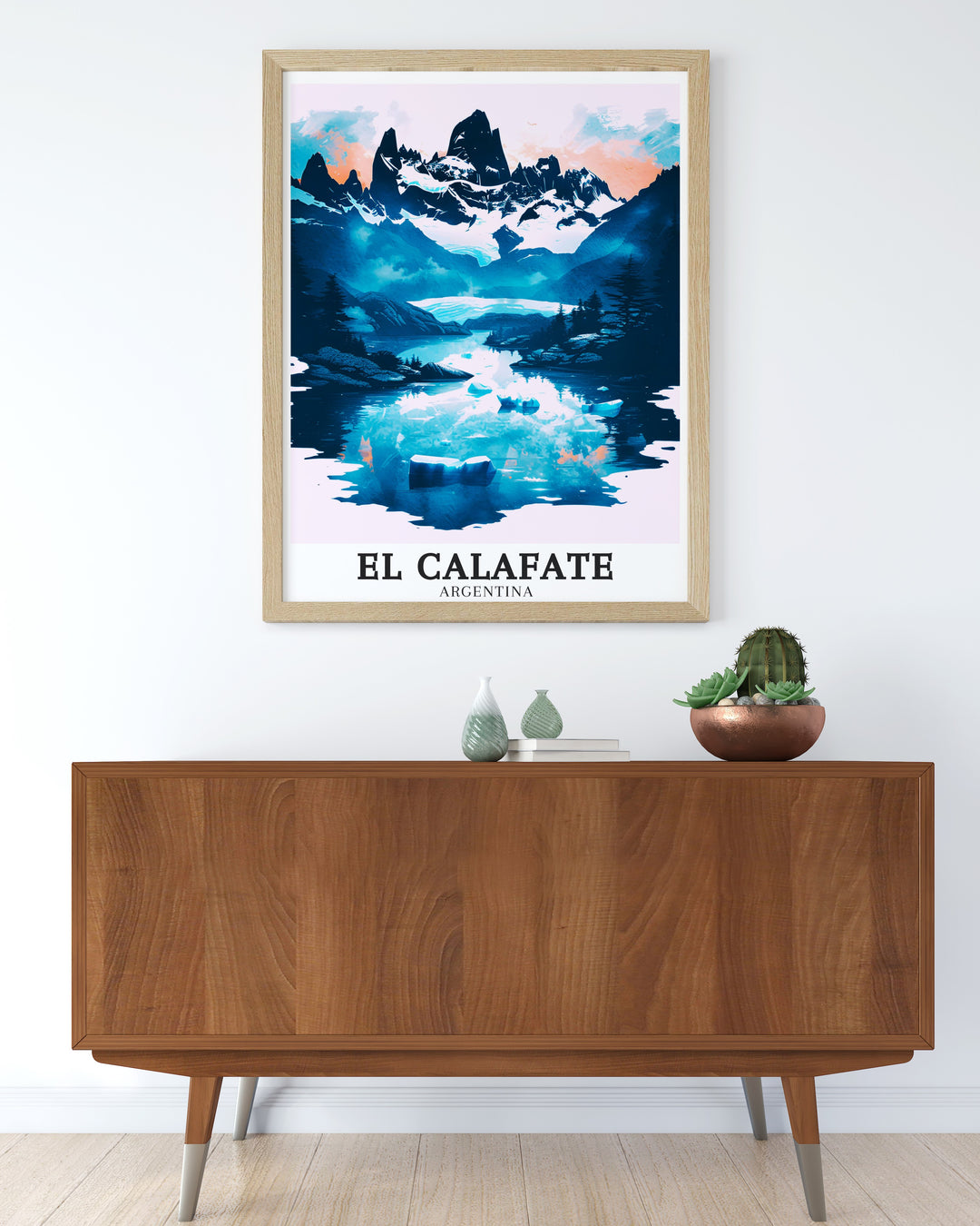 The perfect addition to any travel themed decor, this El Calafate art print captures the awe inspiring views of Patagonias iconic landscapes. From the towering peaks of El Chaltén to the tranquil waters of Laguna de los Tres, this poster is a tribute to Argentinas natural wonders, ideal for adventure lovers and explorers alike.