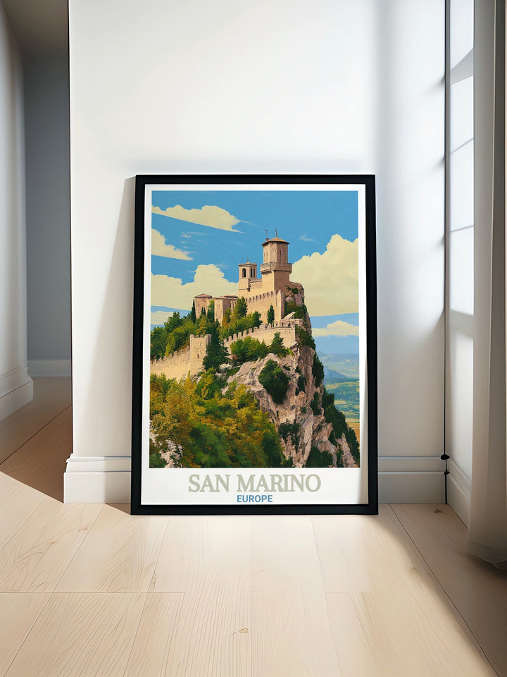 This San Marino travel poster showcases the historic Guaita Tower, offering a breathtaking view of the fortress and its surrounding landscapes. The art print is perfect for anyone who appreciates European history, travel, or architecture, making it a standout piece for your wall.