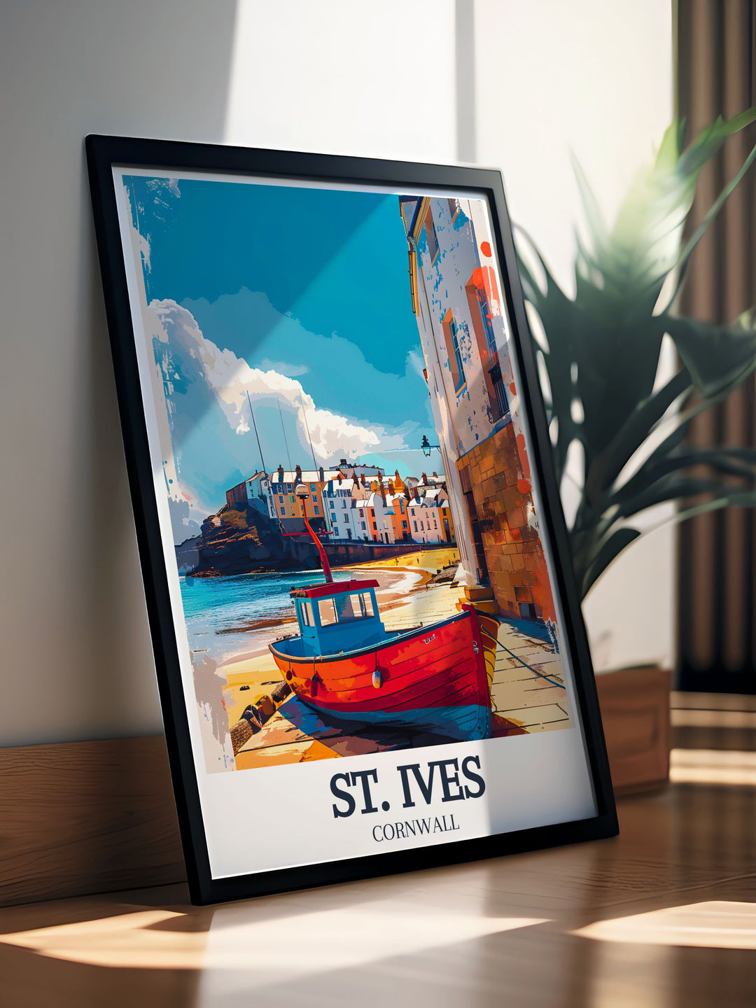 The picturesque landscapes of Porthmeor Beach and the vibrant community of St. Ives are beautifully illustrated in this poster, inviting viewers to discover Cornwalls treasures.