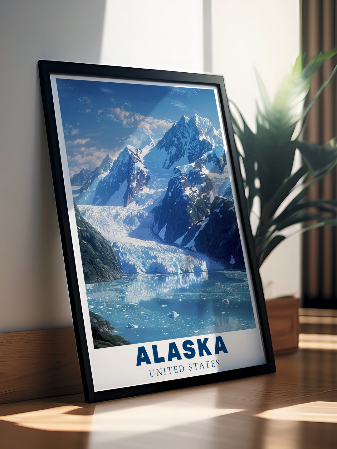 This travel print of Glacier Bay highlights the expansive wilderness of Alaskas national park. With intricate details of the glaciers and fjords, this poster serves as a perfect tribute to the breathtaking beauty of Alaska and is an ideal gift for those who love to explore nature.