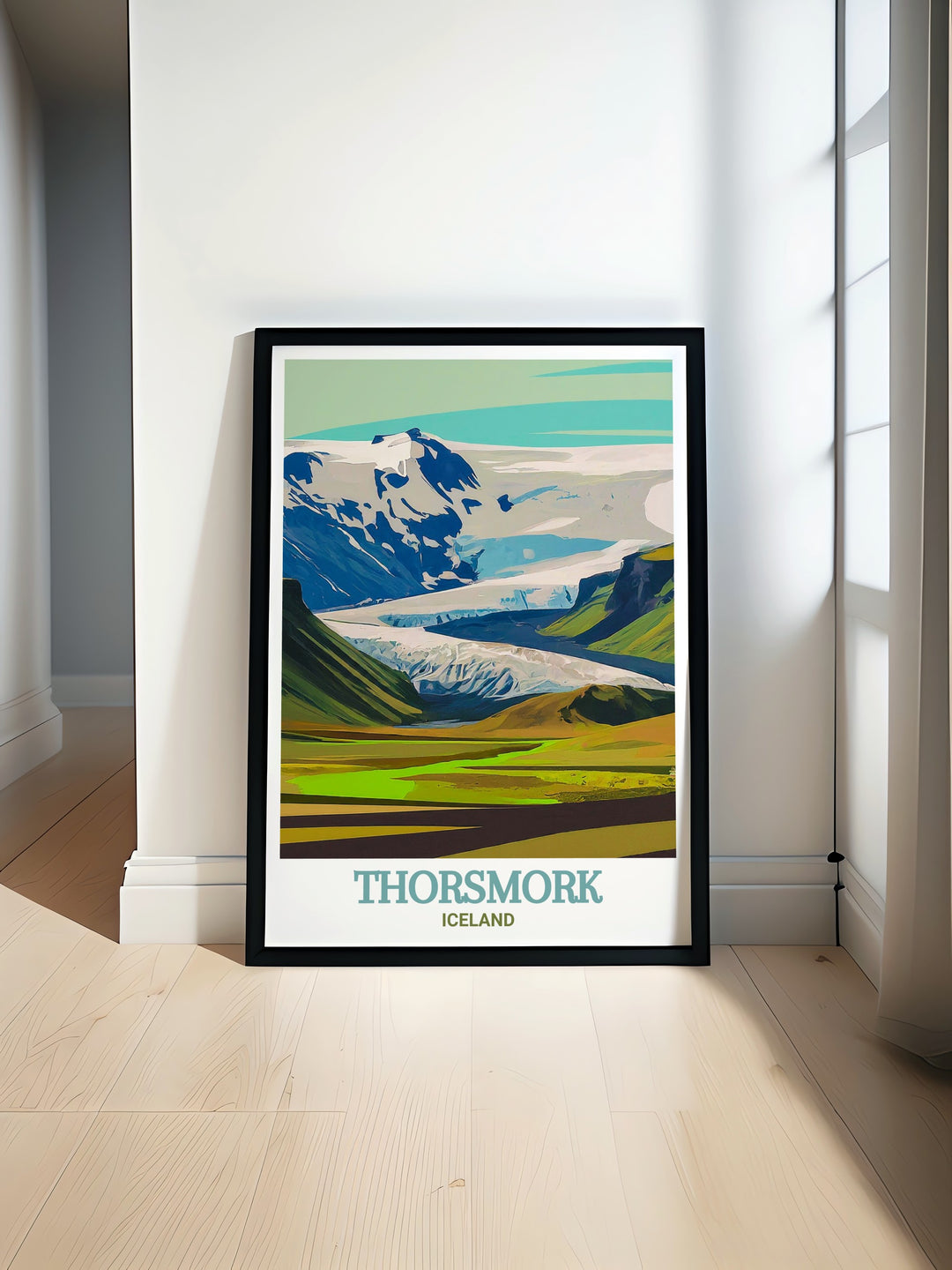 This artwork showcases the stunning Thorsmork valley and the towering Eyjafjallajökull Glacier, capturing the essence of Icelands breathtaking landscapes.