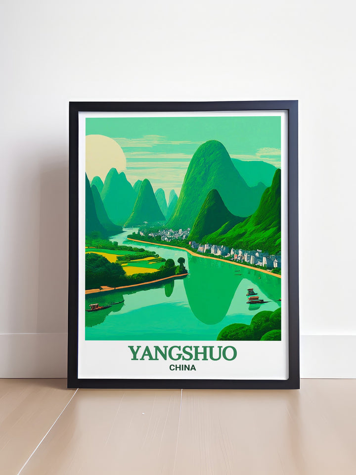 Li River travel poster, capturing the beauty and serenity of Yangshuos landscape. This print brings a piece of Chinas natural wonders into your home, making it the perfect gift for travelers or a stylish addition to your decor.