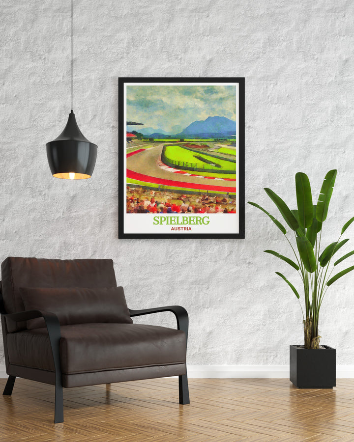 Vintage inspired poster of the Red Bull Ring, Spielberg, Austria, with detailed depictions of the track and surrounding landscape. Ideal for motorsport aficionados, this print serves as a timeless tribute to one of the most famous racing circuits in the world.