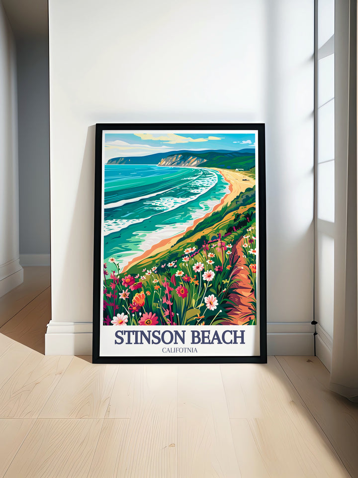 This fine line travel print of Stinson Beach, Bolinas Point, and Point Reyes National Seashore showcases Californias iconic coastline. With its delicate detailing and stunning color palette, this artwork brings the beauty of the Pacific Ocean into your home.