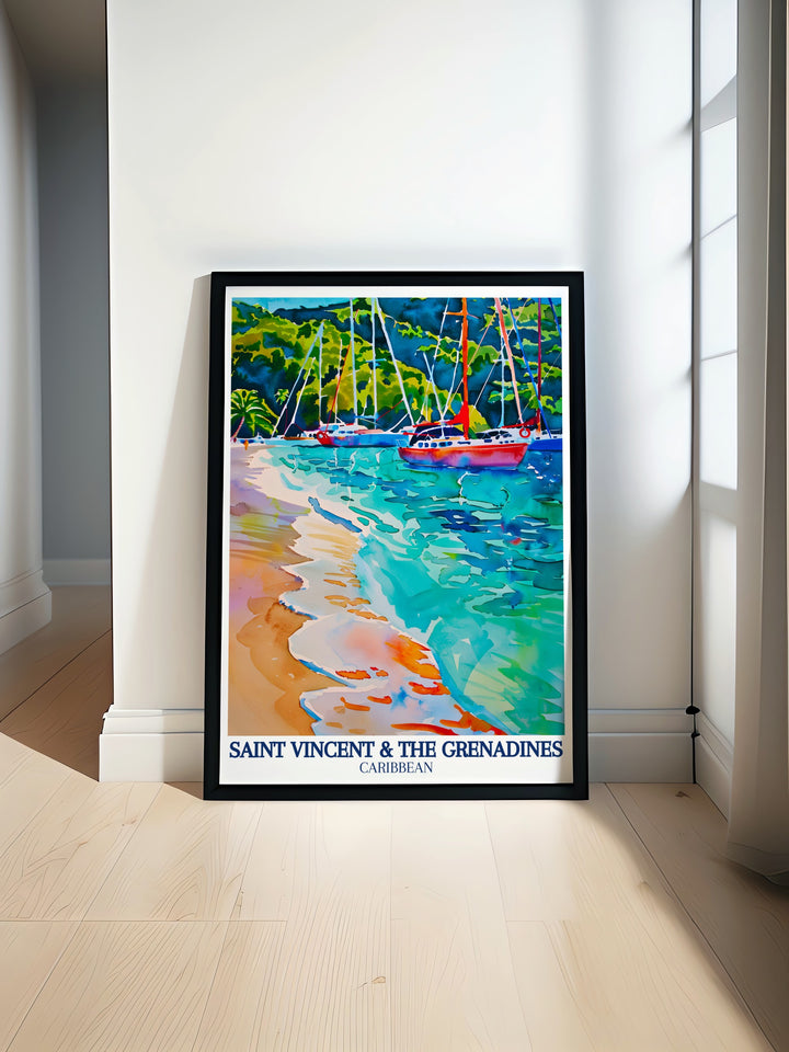 This travel poster features the vibrant colors of the Caribbean Sea and the lush greenery of Saint Vincent & The Grenadines, offering a perfect blend of natural beauty and tropical island life. Great for anyone who loves beach vacations or Caribbean getaways.