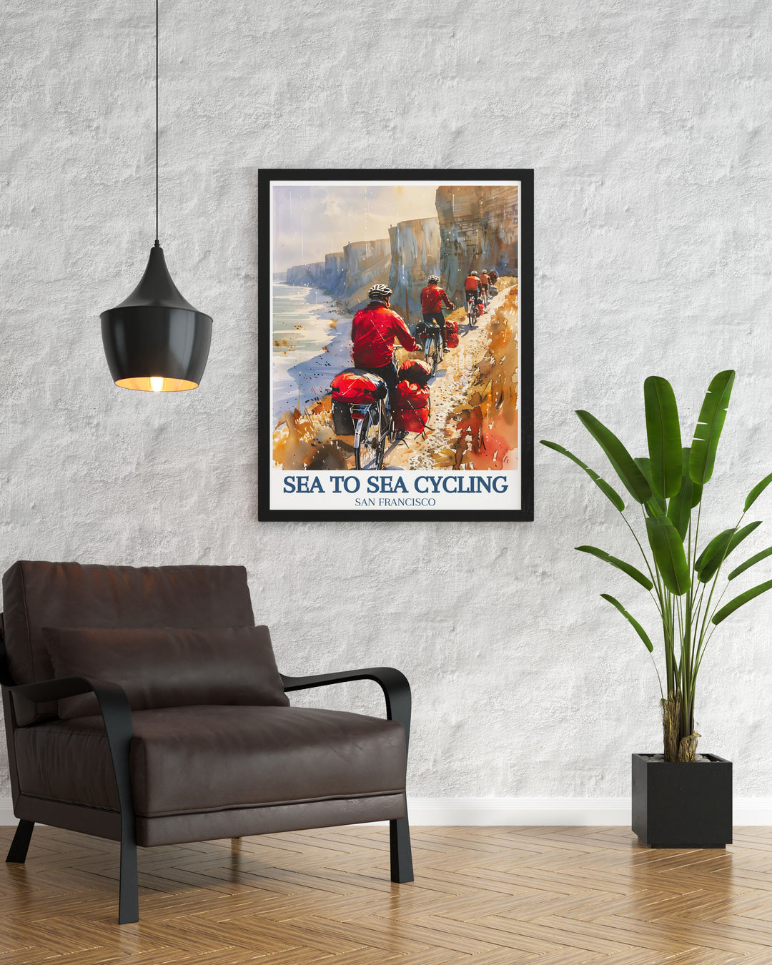 The Sea to Sea Cycling Route is beautifully illustrated in this poster, highlighting the iconic Cliffs of Dover and the peaceful Lake District, making it perfect for cycle touring enthusiasts.