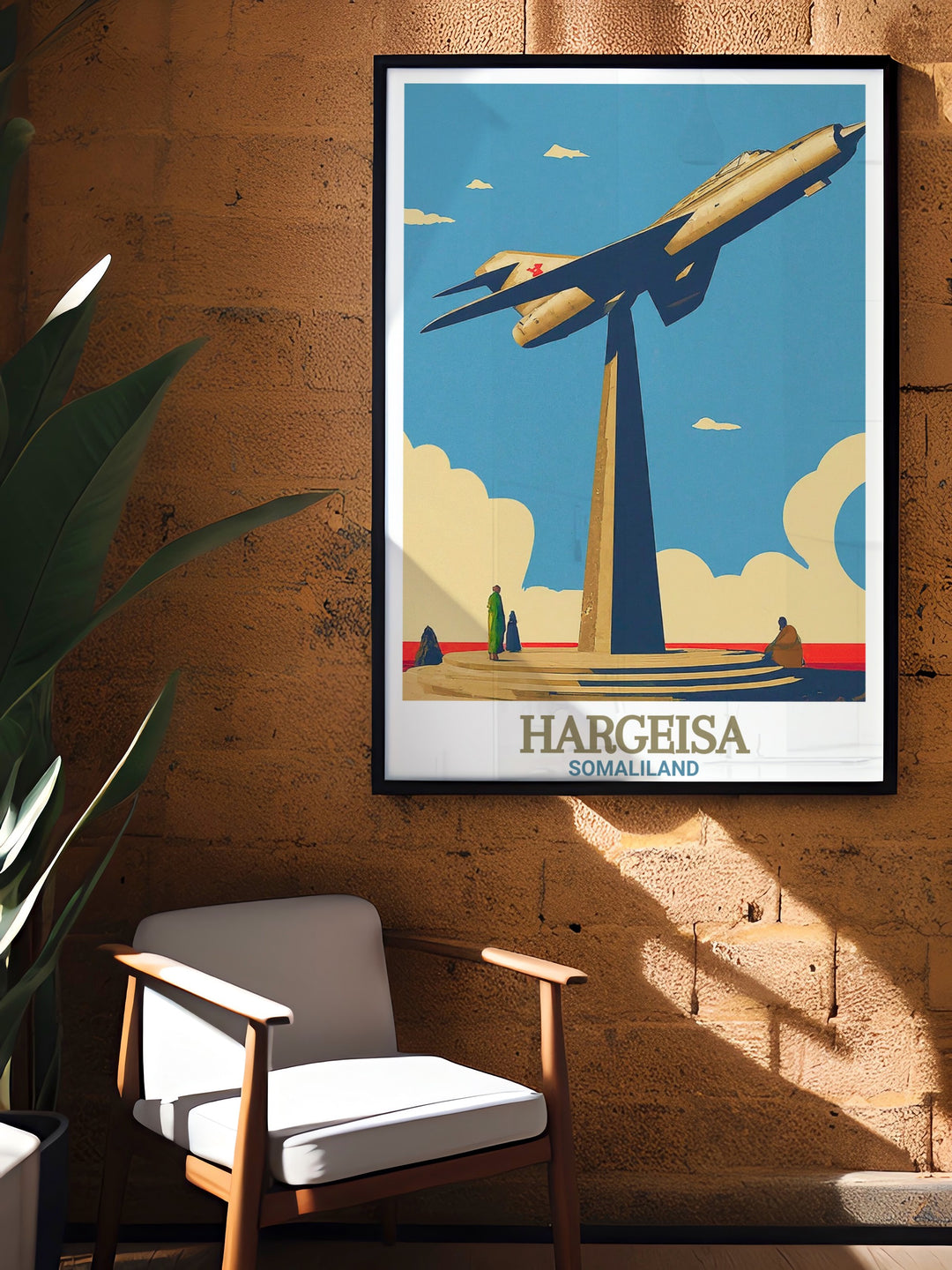 Our MIG Jet Monument travel print captures the bold silhouette of this iconic Hargeisa landmark. The vintage style canvas art is a celebration of Somali history and aviation, making it a perfect addition to any collection of African travel posters.