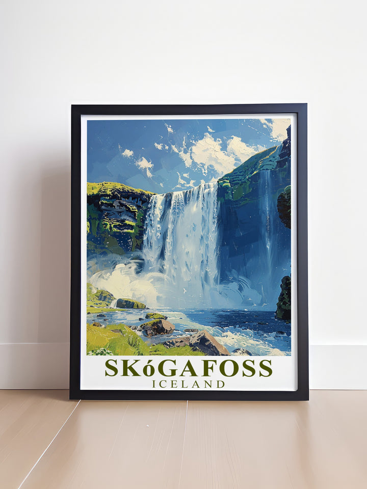 Skogafoss Waterfall Poster Print offering a breathtaking view of one of Icelands most iconic waterfalls with its powerful cascade and natural beauty perfect for adding a touch of elegance to your home with Waterfall Perfect Wall Decor and elegant home accents