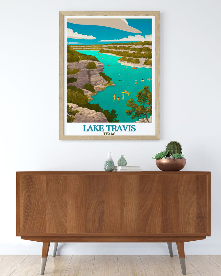 Featuring vibrant details of Lake Travis and Pace Bend Park, this wall print is perfect for those who love Texas landscapes. The artwork adds a calming touch to any space and is an ideal gift for anyone with a passion for travel and art.