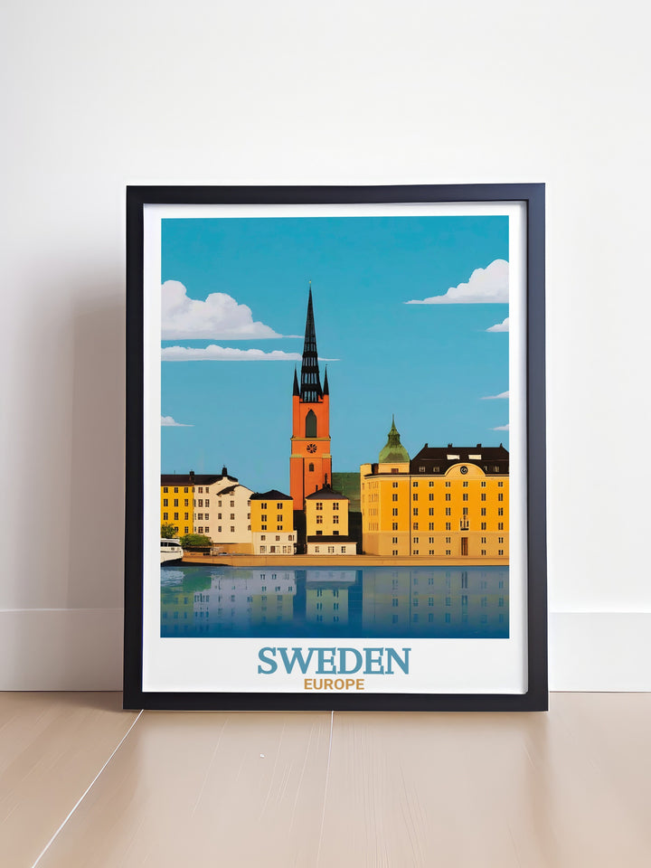 Sweden artwork featuring Gamla Stans colorful streets and historic buildings. These prints are ideal for travel enthusiasts and those looking to add a modern touch of Sweden to their home decor.