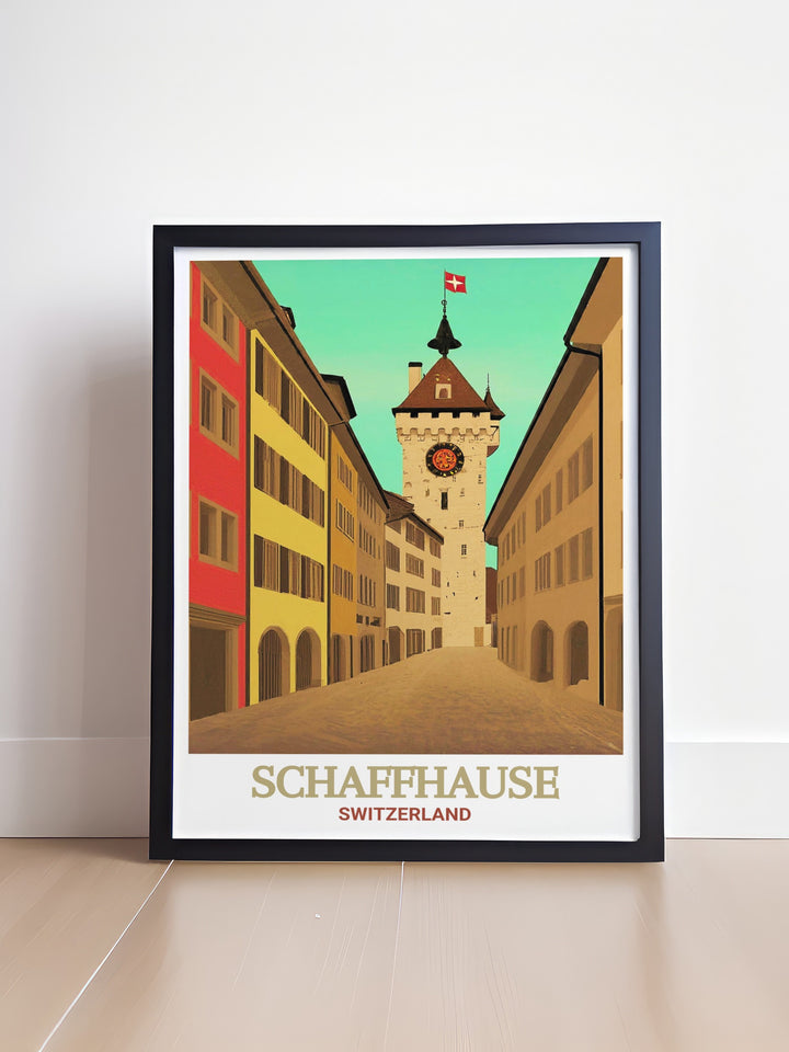 Schaffhausen art print showcasing Old Town. Highlighting the towns cobblestone streets and historic buildings. Ideal for decorating living rooms, offices, or studies with a touch of Swiss history and elegance. Makes a thoughtful gift.