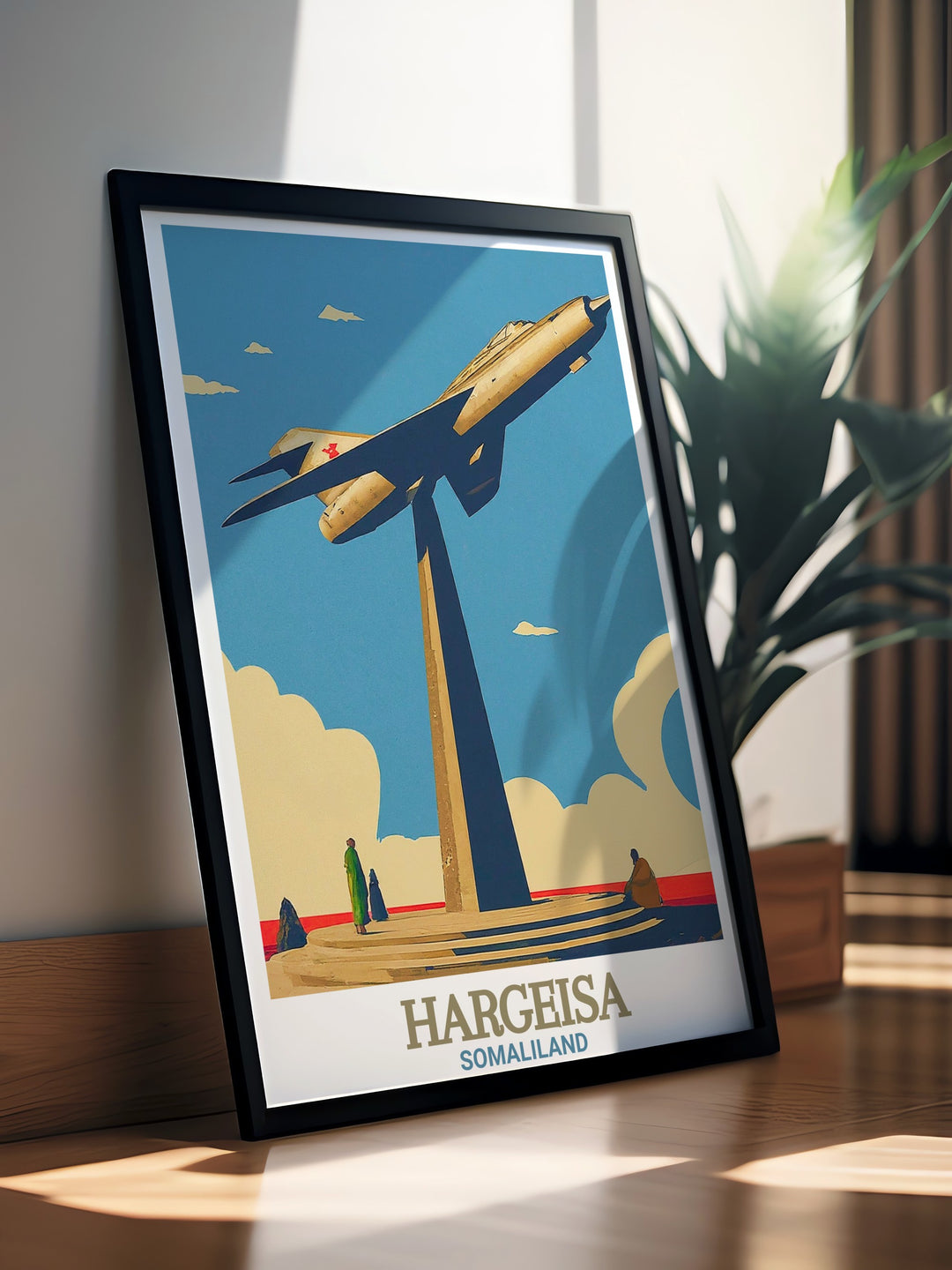 This Hargeisa art print focuses on the powerful imagery of the MIG Jet Monument, standing tall in the Somaliland skyline. Perfect for history buffs or aviation enthusiasts, this print adds a bold cultural statement to any home or office.