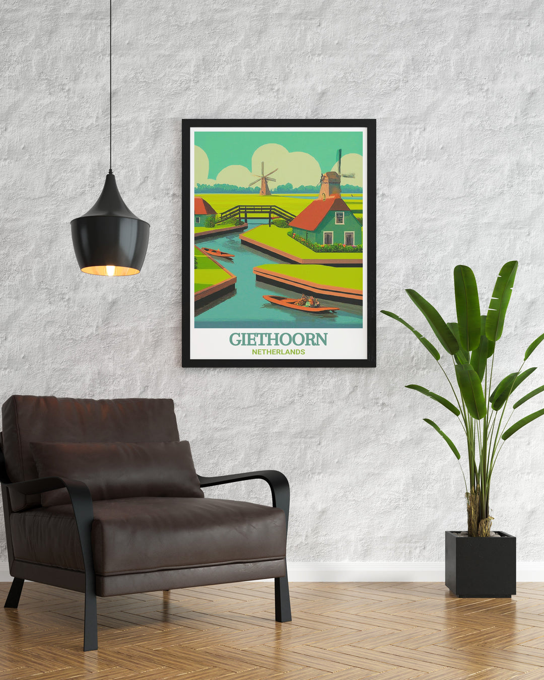 A Netherlands travel print showcasing the idyllic village of Giethoorn with its famous canals and lush greenery. This artwork captures the essence of Dutch countryside living, offering a peaceful and picturesque view that brings a touch of the Netherlands into your home. Ideal for adding elegance to any room.