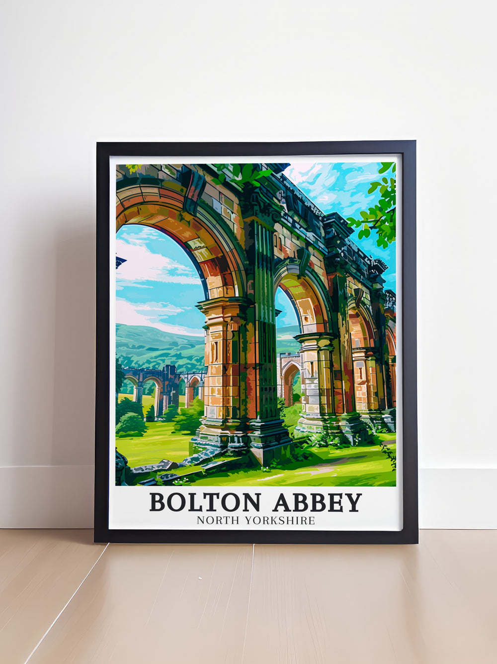 Immerse yourself in the natural beauty of Yorkshire with this Bolton Abbey art print. The artwork showcases the abbeys ruins, framed by the lush landscapes of the Yorkshire Dales, offering a glimpse into Englands rich history and scenic countryside