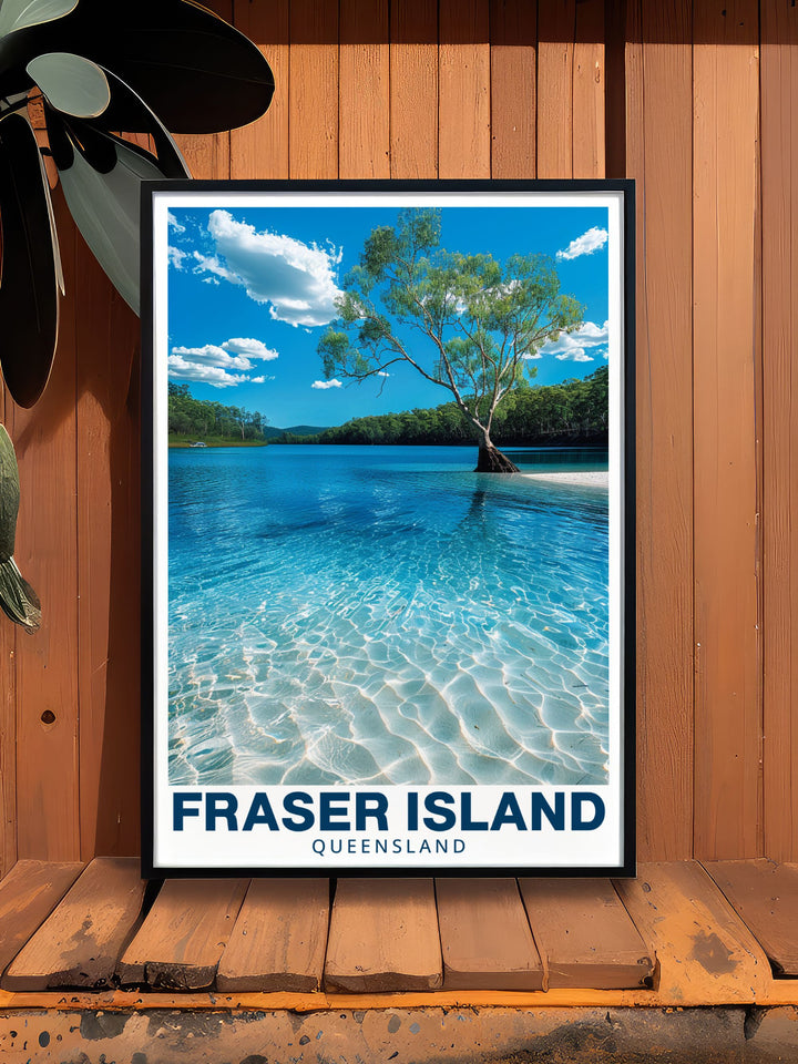 Fraser Island Poster featuring LakeMcKenzie is a stunning representation of Queenslands natural wonders. This wall art is ideal for those looking to bring a piece of nature into their living space or for anyone in search of a personalized gift inspired by travel.