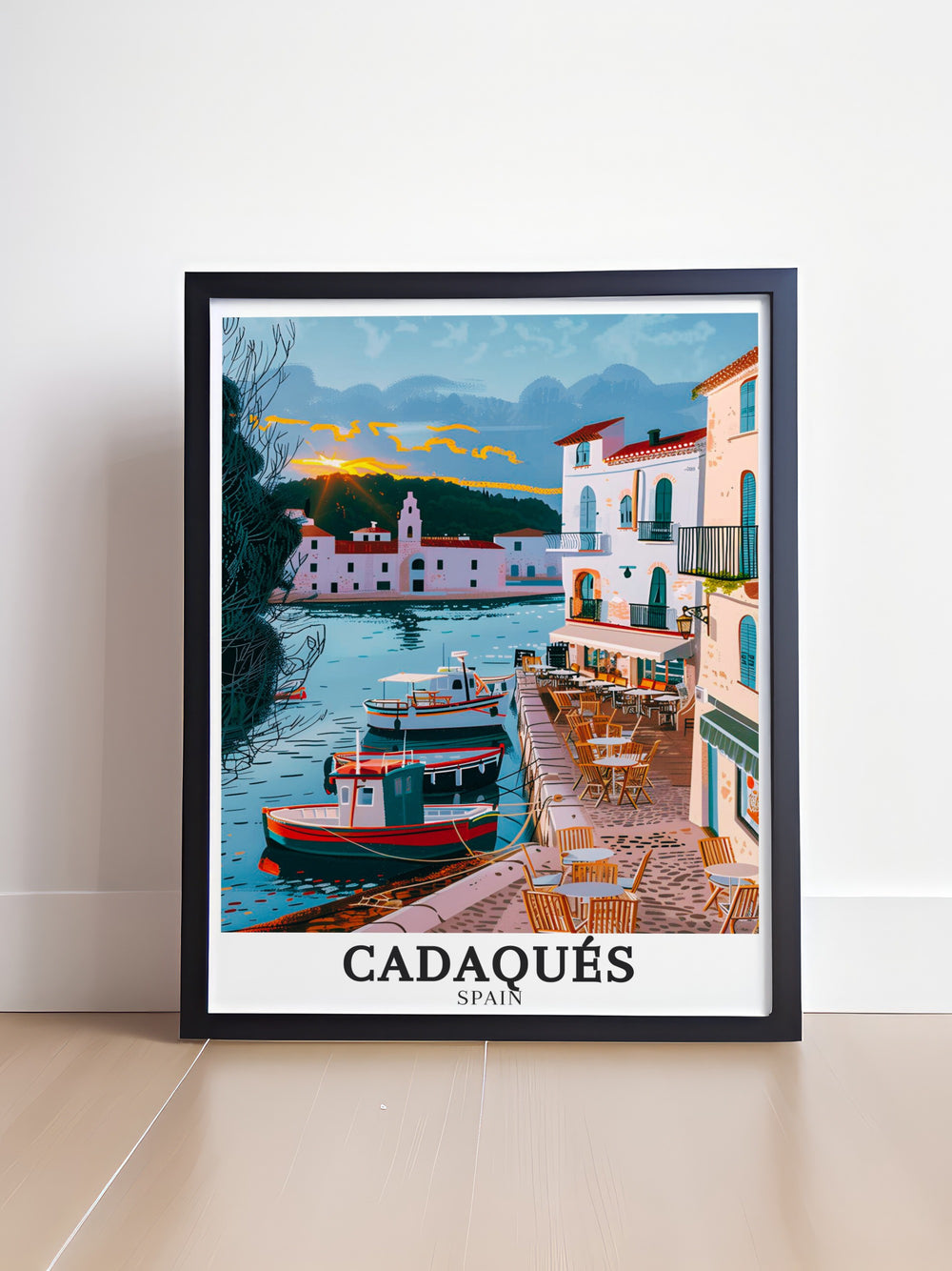 Cadaqués travel print features the tranquil scenery of Spains Costa Brava, with its iconic architecture and clear, blue waters. Ideal for those who have visited or dream of visiting this peaceful Mediterranean town.