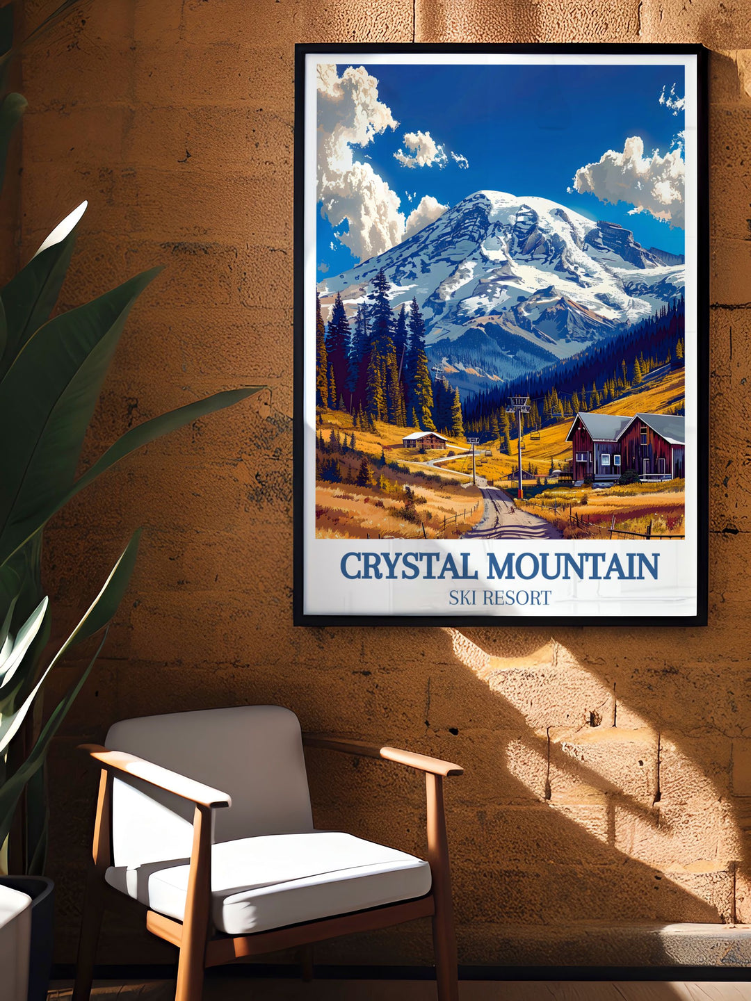 A captivating travel poster illustrating the grandeur of Crystal Mountain and the serene beauty of the Cascade Range, ideal for enhancing any room with a touch of natural wonder.