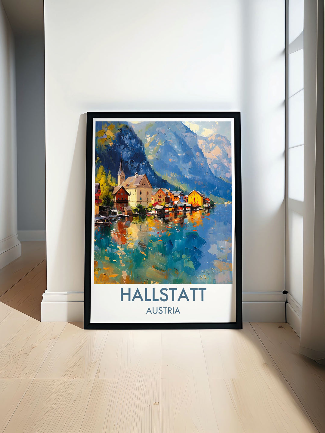 Highlighting the natural beauty of Hallstatt Village, this travel poster offers a glimpse into the fairy tale charm of Austrias most enchanting village, ideal for those who appreciate unique scenic spots.
