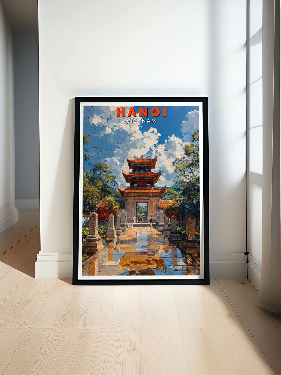 Featuring the serene ponds and ancient trees of the Temple of Literature, this art print captures the cultural richness and beauty of Hanoi.