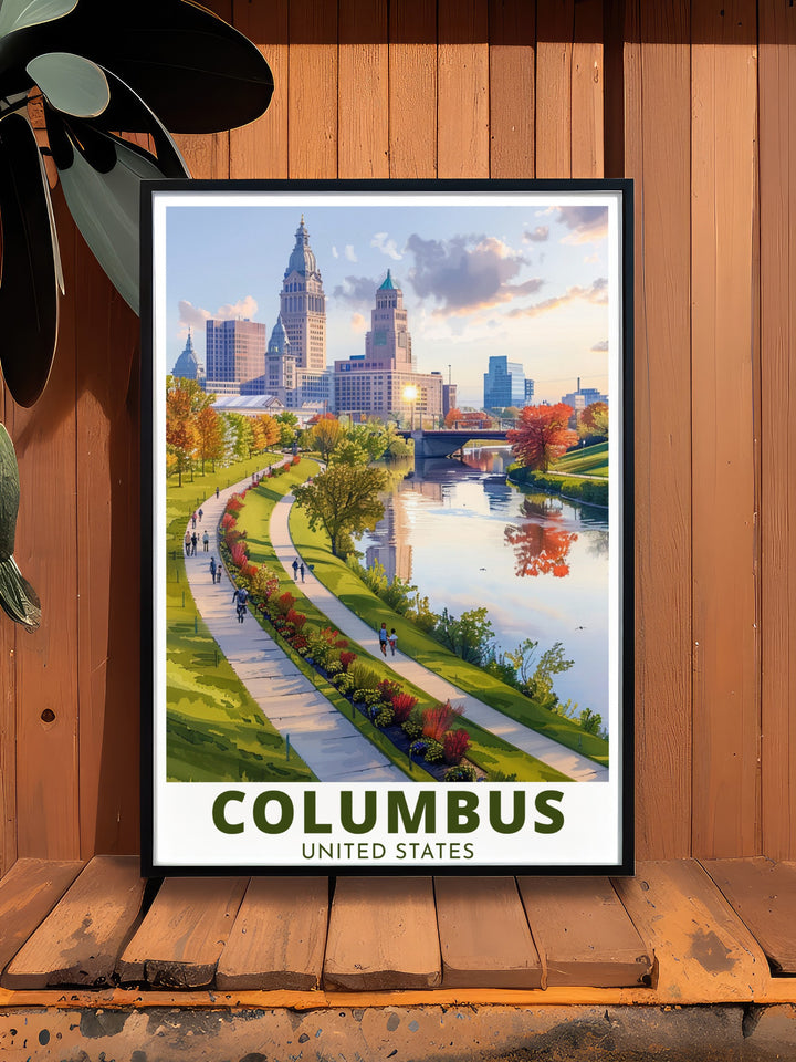 Columbus skyline poster featuring Scioto Mile in a beautiful vintage design. This travel print is perfect for anyone looking to add stylish Columbus decor to their home. Ideal for gifts or as a modern statement piece in any room.