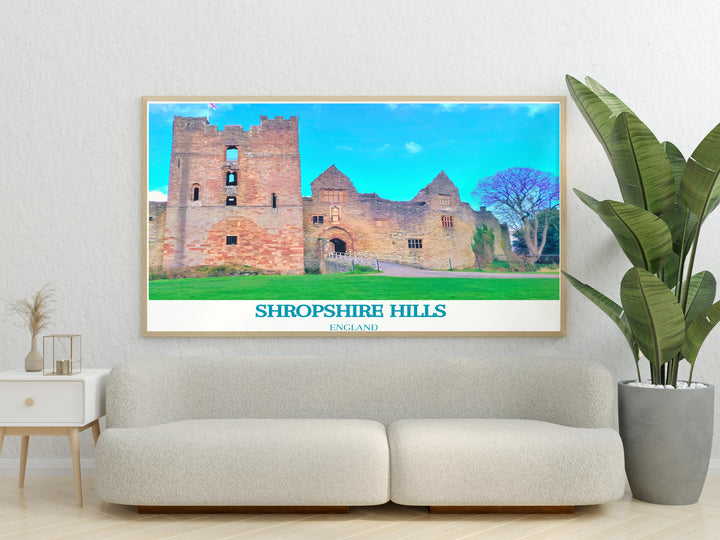 Shropshire Hills Poster Print featuring Ludlow Castle offers a stunning depiction of the West Midlands AONB perfect for any home decor combining the beauty of Shrewsbury and Caer Caradoc Art with the historical charm of Ludlow Castle in a vintage travel style.