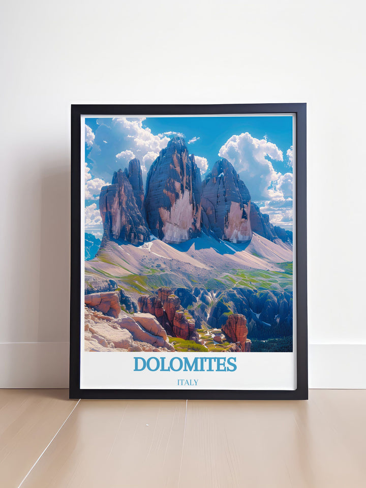 Home decor print illustrating the scenic beauty of the Dolomites, highlighting the lush valleys and towering peaks of Italys Alps.