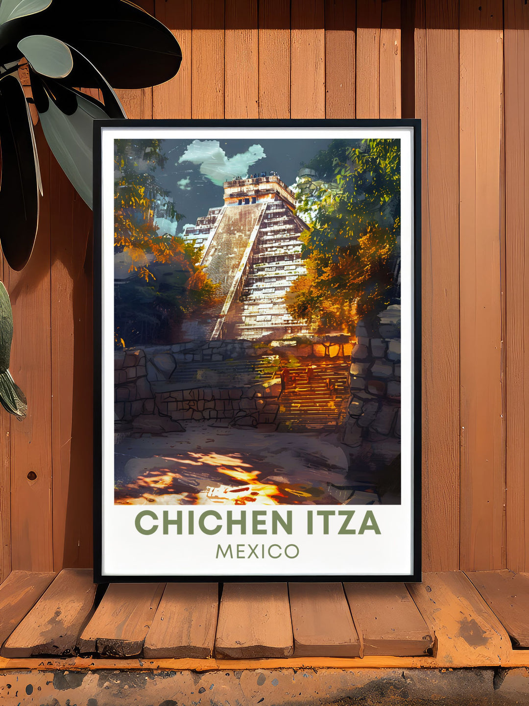 Enhance your living space with this Chichen Itza artwork. This print showcases the majestic pyramids and is an excellent piece of Mexico wall art. Perfect for anyone who appreciates Mexico travel prints and Chichen Itzas historical significance.
