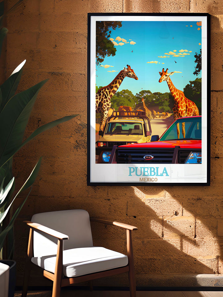 Vibrant Puebla Travel Poster featuring scenic landscapes and historic architecture Africam Safari Artwork depicting safari adventures perfect for adding color and adventure to any living space unique and thoughtful gifts for all occasions