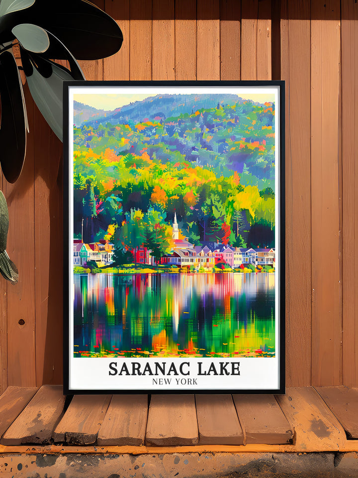 Celebrate the beauty of the Adirondacks with this Saranac Lake poster Featuring Lake Flower and Saranac River this New York State art print is ideal for enhancing your living room or office decor with a calming nature inspired touch