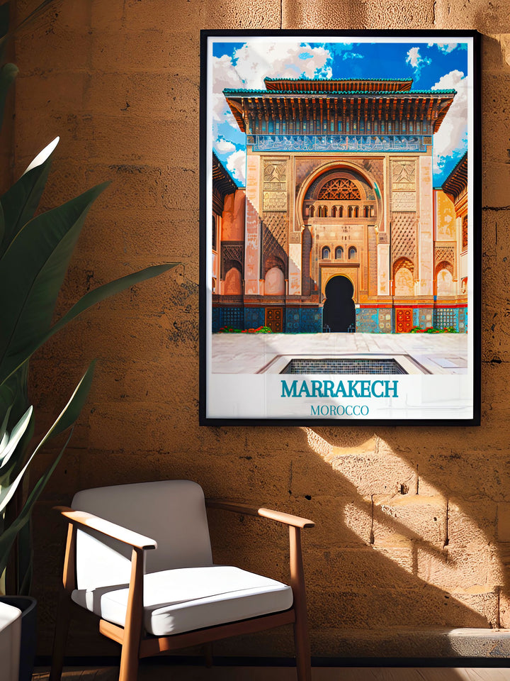 This vibrant art print of Marrakech highlights the citys dynamic spirit and stunning architecture, making it a standout piece for those who appreciate diverse cultural environments.