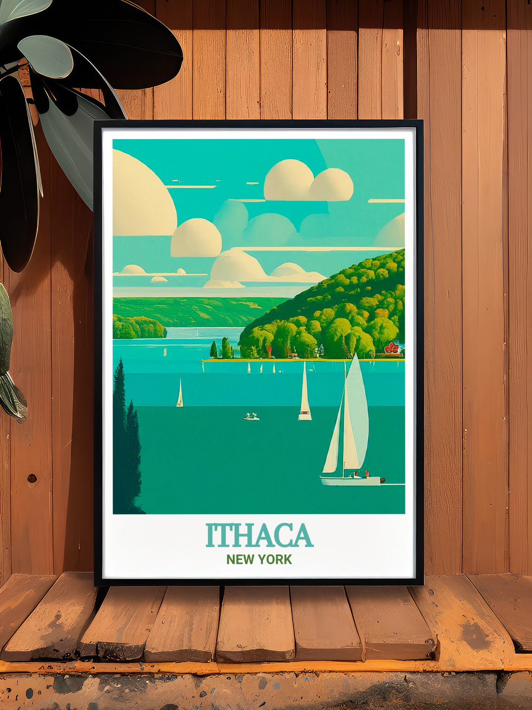 Travel poster of Cayuga Lake in Ithaca, showcasing the serene landscapes and tranquil waters. This elegant print captures the timeless beauty of Ithaca, making it a perfect gift for nature and art enthusiasts.