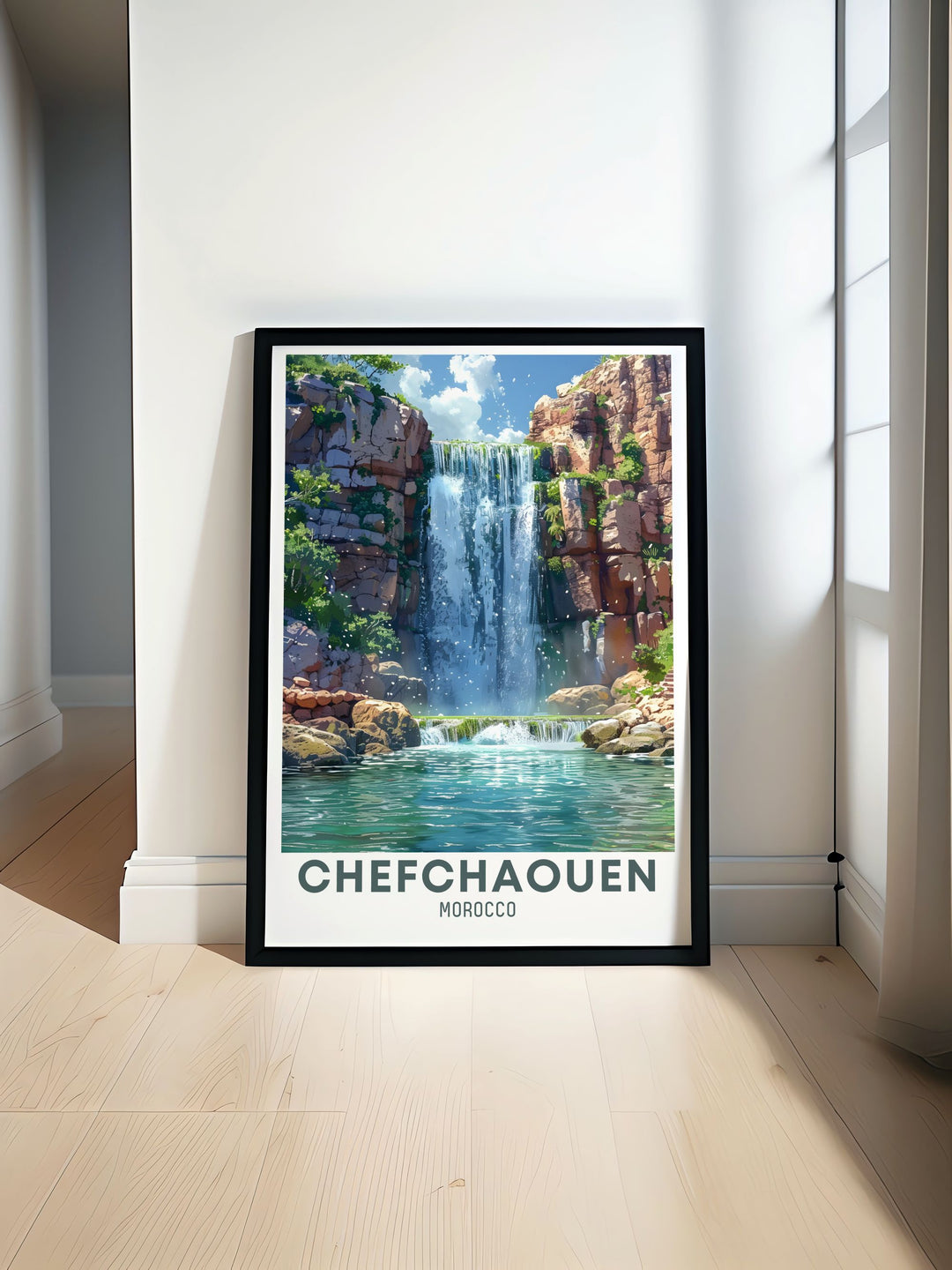 The vibrant Medina of Chefchaouen is showcased in this travel print, highlighting the unique blue hues that make the town famous. This poster artfully depicts the Blue Medina of Chefchaouen, offering a perfect blend of Moroccan culture and natural beauty for your wall.